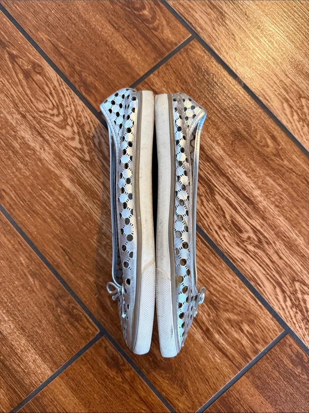 Tory Burch Silver Laser-Cut Bow Ballet Flats